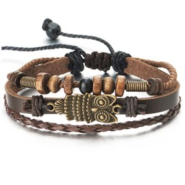 Mens Womens Multi-Strand Dark Brown Braided Leather Brown Cotton Strap Bracelet, Owl and Bead Charms(CA)