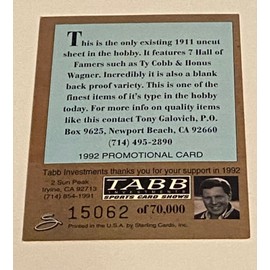 Tabb Invest. Sports Card Shows Promo Card 15062/70000 Unique 1911 sporting life