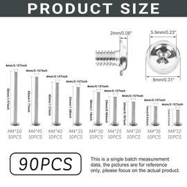 90Pcs M4 Door Knob Handle Screws Assortment Kit, Cabinet Pull and Knob Screws, Machine Screws with Pan Washer Head, Metal Phillips Bolts for Kitchen Drawer Cupboard Closet