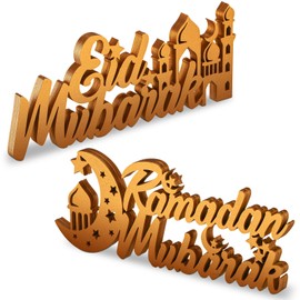 2 Pieces Ramadan Mubarak Wood Sign Eid Mubarak Wooden Tabletop Decor Moon Star Islamic Mosque Centerpiece for Home Decoration