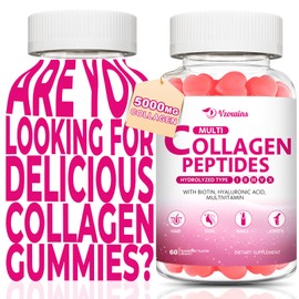 Multi Collagen Peptides Gummies, Collagen Gummies for Women & Men, Type I,II,III,V,X Protein with Biotin, Hyaluronic Acid, Vitamin C for Healthy Skin Support | Strawberry Flavored, Sugar Free, 120 Cts