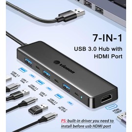 USB 3.0 to HDMI Adapter (7-in-1), USB 3.0 Hub with HDMI 1080P, USB 3.0, USB 2.0, USB C Data & Power Ports, USB to HDMI Hub for Monitor, PC, Laptop, Desktop Support Windows 7/8/10/11 & Mac OS