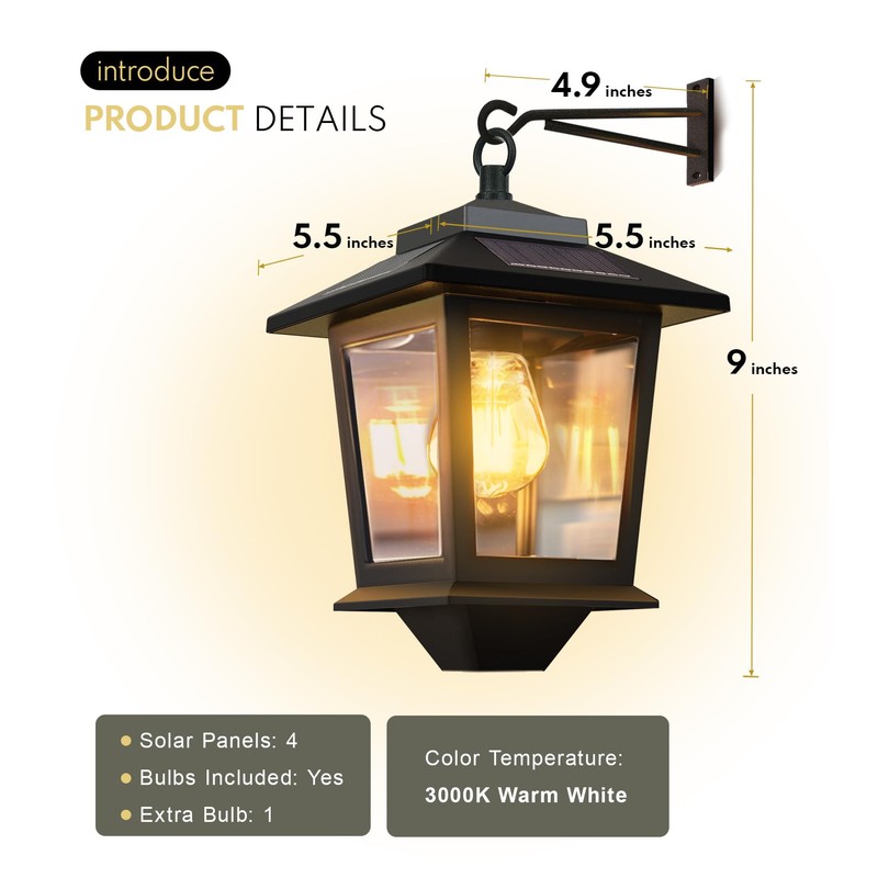PASAMIC 2 Pack Solar Wall Lanterns with Replaceable Bulb,Outdoor Hanging