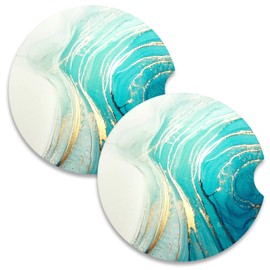Nipichsha Car Coasters for Cup Holders, 2 Pack Absorbent Ceramic Car Cup Holder Coaster for Drinks, Cute Car Assecories for Women Men, Size 2.56" with Finger Notch & Cork Base, Gold Teal Ocean