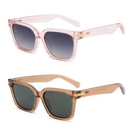 OUWEN 2 Pack Classic Polarized Rectangular Sunglasses Mens Womens, Trendy Stylish Flexible Green/Pink OW2234CF