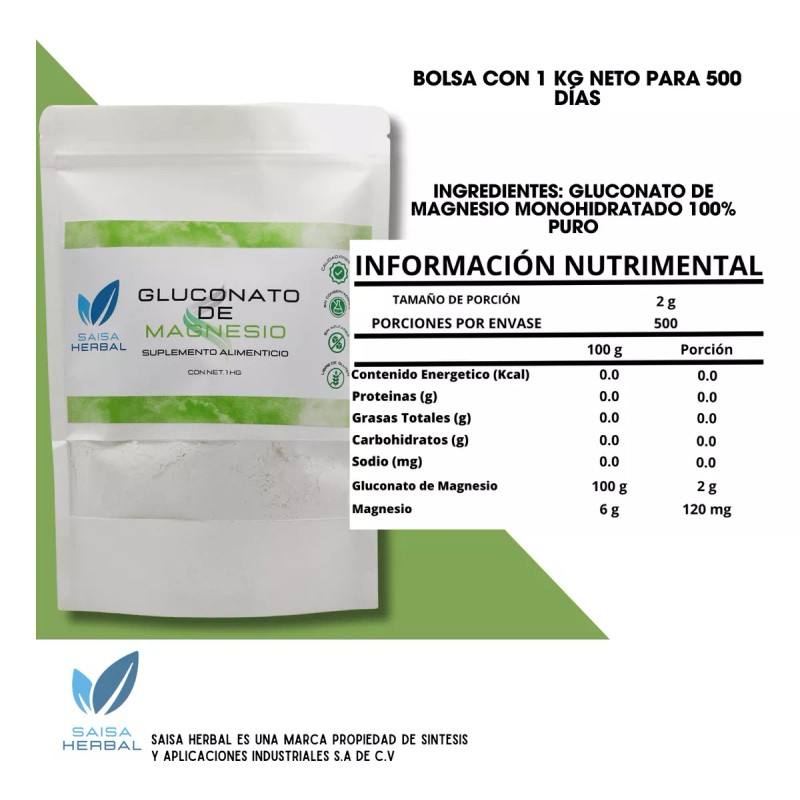 Saisa Herbal Gluconato De Magnesio Bolsa Con 1 Kg. Sabor