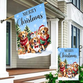 DECORLUXES Merry Christmas Dogs House Flag 28x40 Double Sided Outside, Winter Festive Holiday Yard Outdoor Decorative (1 Garden Flag+ 1 House Flag)