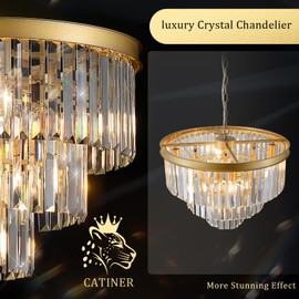 CATINER Modern Crystal Chandeliers,Gold 20” Round Chandeliers for Dining Room 3 Tiers 7 Lights Luxury K9 Crystal Ceiling Pendant Light Fixture for Foyer Bedroom Closet