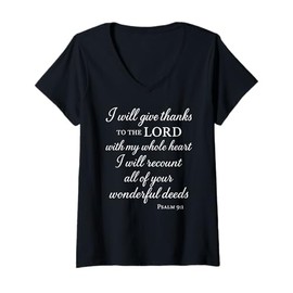 Womens I Will Give Thanks to The Lord Psalm 9:1 Christian Bible God V-Neck T-Shirt