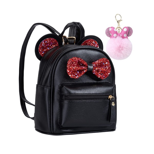 Sunwel Fashion Cutest Cartoon Mini Backpack Toddler Sequin Bow Mouse Ears Bag Small Traveling Shoulder Daypack for Teen Little Girls Women (black/red bow)