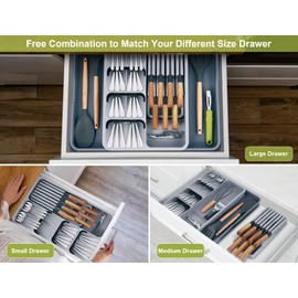 SOMIER Kitchen Utensil Drawer Organizer, Removable 2-Tier Knife Holder, Expandable Cutlery Tray for Silverware, Flatware and Utensils, Large Kitchen Drawer Dividers for Spoons, Forks, Knives, Gray