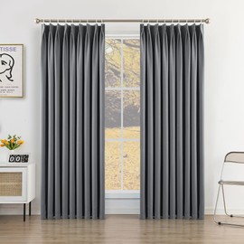 MUMFAS Grey Pinch Pleat Curtain 52" W x 63" L Solid Thermal Insulated 95% Blackout Patio Door Curtain Panel Drape for Traverse Rod and Track with Tieback, (One Panel)