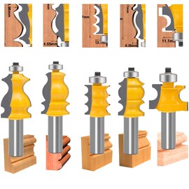 OLETBE 5 PCS Router Bit Set, 1/2-Inch Shank Round Over Raised Panel Cabinet Ogee Door Rail and Stile Router Bits, Woodworking Wood Cutter, Wood Carbide Groove Tongue Milling Tool (LINE)