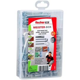 fischer Meister-Box UX Universal Dowels with Screws and Hooks, Dowel Set with 118 Pieces, Nylon Protection, for All Building Materials, Practical Box for DIY Enthusiasts and Professionals