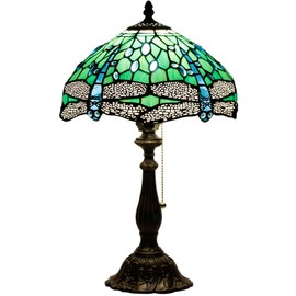 ZJART Tiffany Table Lamp Stained Glass Lamp 12X12X19 Inch Antique Reading Light (Green Dragonfly)