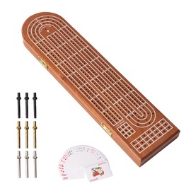 GSE 3-Track Wooden Cribbage Board Game with Playing Cards, Metal Pegs and Storage Area, Classic Three-Person Cribbage Board Game for Kids Adults Family Games