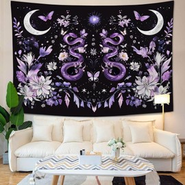 Purple Snake Tapestry Floral Moon Aesthetic Tapestries Boho Wall Art Witchy Hanging Decor Home Decoration for Bedroom Living Room Dorm 60"x90"