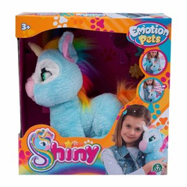Giochi Preziosi Emotion Pets Shiny Plush Toy Unicorn Games for Children 3 Years +, Interactive Plush Toy with Brush and 2 Colourful Clasps, Light Blue and Rainbow Mane and Tail