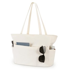 Aucuu Women's Corduroy Bag, Large Tote Bag, Beach Bag, Cordury Tote Bag, Shoulder Bag with Pockets and Zip, Tote Bag Shopper for Work, Gym, Travel, Shopping, School, #2 White