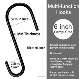 HiGift 6 Inches Large S Hooks Heavy Duty, Black S Shaped Fence Hanger Hooks for Hanging Plants,Wind Chimes,Gardening Tools,Lights,Pool Equipment,Bird Feeder,Bird House,Indoor Outdoor Use - 4 Pack