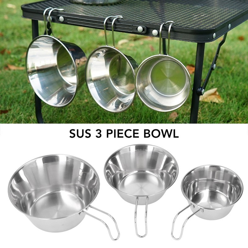 3 PCS Stainless Steel Camping Bowl Set Portable BBQ Folding