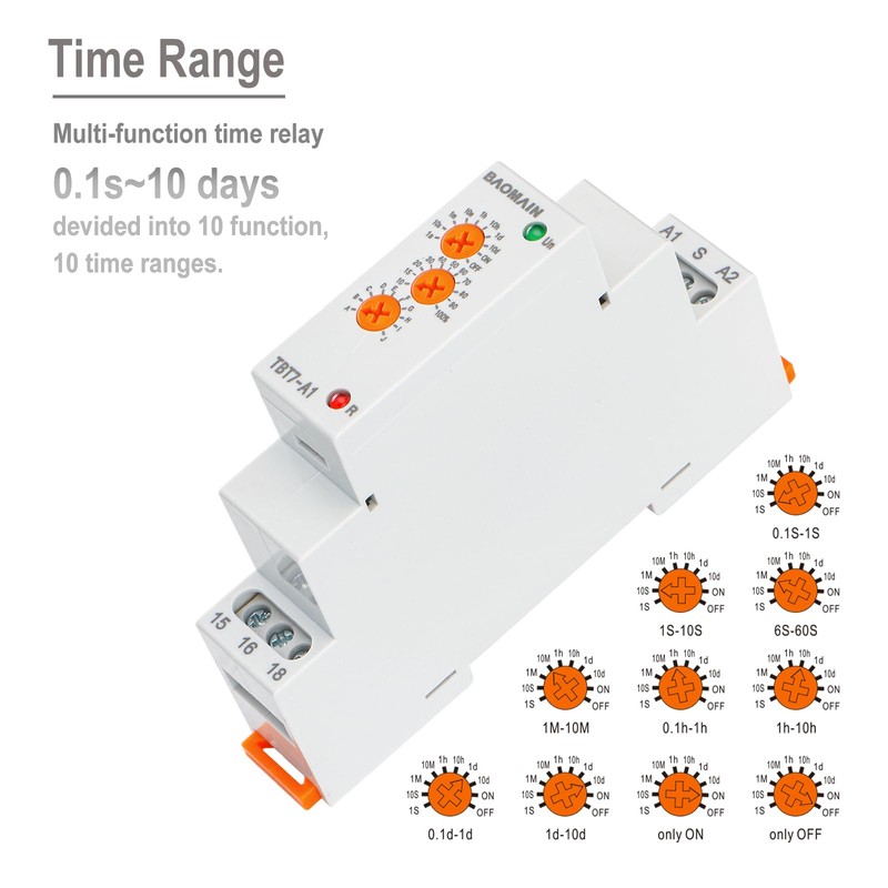 Baomain Multi-Function Time Relay, 16A SPDT 10-Functions, DIN Rail Mounting