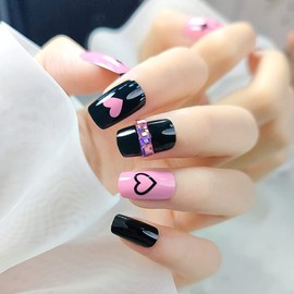 DOUBNINE Press on Nails Medium Square Black Pink Heart Y2K Rhinestone Fake Nails Gradient False Nails Full Cover Finger Valentine's Day Daily Wear for Women
