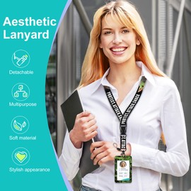 Akkya ID Badge Holder with Lanyard and Retractable Badge Reel Belt Clip, Cute Funny Cartoon Key Keychain Green Lanyards Clip On Badge Extender Vertical ID Sleeve for Women