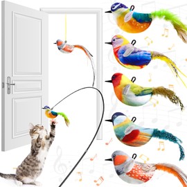 RattanView 5 Pcs Interactive Bird Simulation Toy for Cat with Catnip for Indoor Cats, with Chirping Birds Real Electronic Squeaky Sound and Feather for Indoor Kitty Exercise