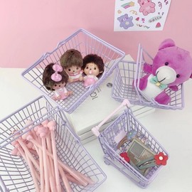 Mini Iron Shopping Cart & Desktop Storage Basket for Student Dorms (Capsule Coffee, Books) Medium Yellow Cart 13.5x9.5x15cm 5ea