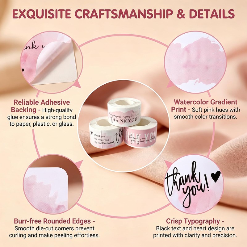 3 Rolls Pink Thank You Stickers Small Business, of 360