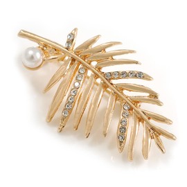 Gold Tone Crystal Palm Leaf Brooch - 45mm Long
