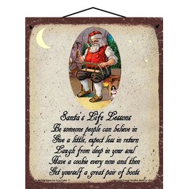 8x10 Vintage Style Santa's Life Lessons Sign - Charming Christmas Decoration Featuring Santa Claus Making Toys for Holiday Home Decor and Festive Spirit