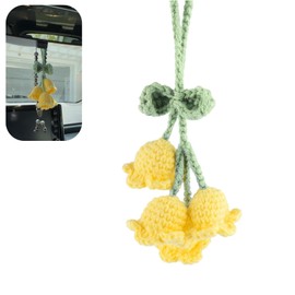 Ferianl Cute Lily of The Valley Car Rear View Mirror Hanging, Funny Car Interior Rear View Mirror Charm, Hand-Woven Flower Pendant, Automotive Decorations Interior for Women Teen Girl (Yellow)
