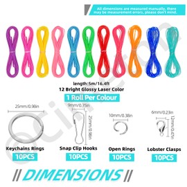 Cimeton 52PCS 12 Colors Lanyard String Kit Laser Plastic String with Key Chain Rings, Snap Clips and Lobster Clips Assortment Kit for Crafts Bracelets Jewelry DIY Making(Bright & Glitter Color)