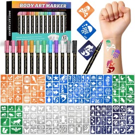 Temporary Tattoo Markers, 12 Metallic Markers + 169 Colorful Tattoo Stencils for Kids Adults, Flexible Brush Tip, Cosmetic Tattoo Ink, DIY Body Art Painting for Women Men Party Favor Gift