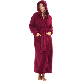 Alexander Del Rossa Womens Fluffy Robe, Fuzzy Robe for Women, Long Hooded Robes for Women, Plus Size Robe Burgundy Medium (A0304BRGMD)