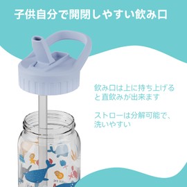 SANTECO Children's Water Bottle with Straw, 16.9 fl oz (500 ml), Direct Drinking Handle, Tritan Material, For Cold Water, Lightweight, Cute, For Kids, Children, Water Bottle, Underwater World