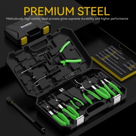 Renekton Hose Clamp Pliers Set, Flexible Wire Long Reach Hose Clamp Clic R Type Swivel Jaw and Flat Band Pliers for Fuel Oil and Water Hose Work, Automotive Hose Repair Tools Kit, Green, 9 Pieces