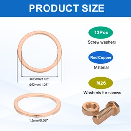 sourcing map 12Pcs Flat Washer, M26 Copper Washers Copper Sealing Ring Crush Washer Kit Assortment, 26mm ID, 32mm OD, 2mm Thick for Bolts Screws Machinery Repair