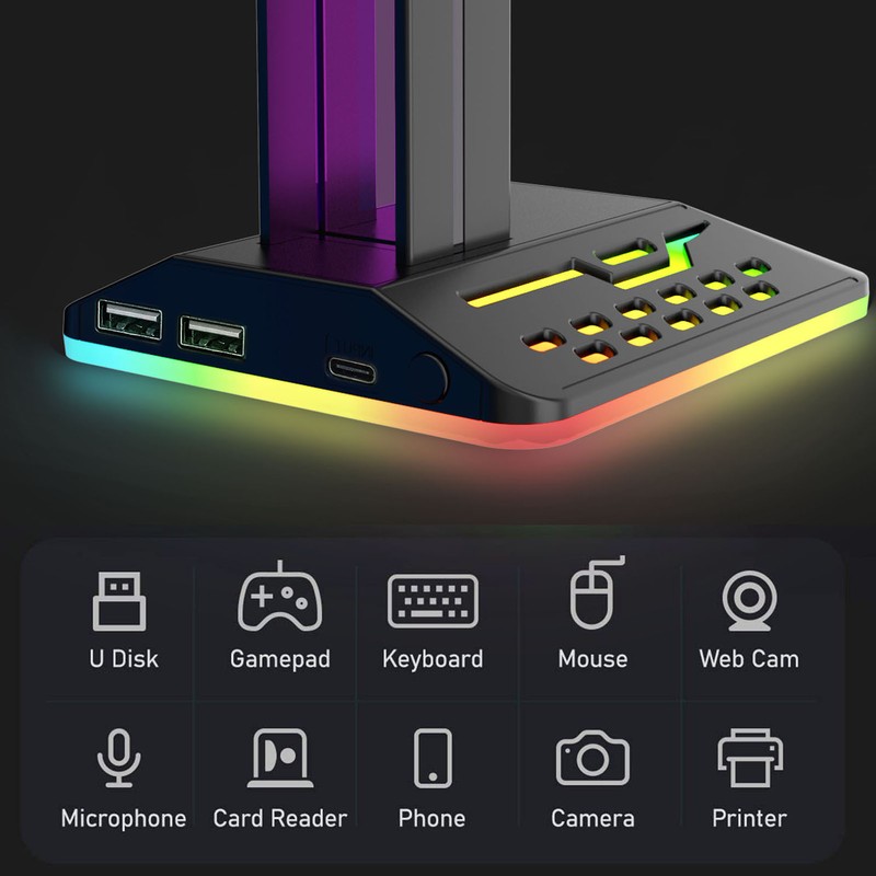 RGB Headphone Stand 2 USB Ports Multifunction Gaming Headset Holder