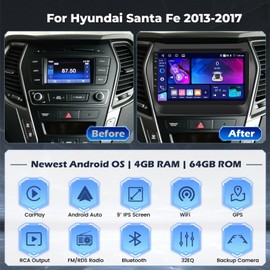 5G WiFi [4+64G] Hikity Android 15 Car Stereo for Hyundai Santa Fe 2013-2017 Wireless Carplay Android Auto, 9'' IPS Touch Screen Radio Bluetooth Mirror Link GPS SWC AI DSP/FM/RDS/32EQ Backup Cam+Mic