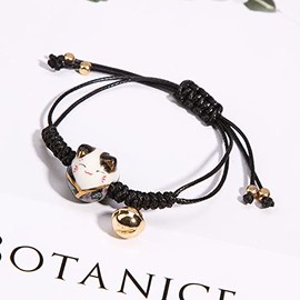 2pcs Feng Shui Lucky Ceramics Cat Good Luck Wealth Couple Bracelet Beaded Adjustable Sting Thread Rope with Bell Wealth Health Fortune Rich Money Symbol for Women BFF Friendship Jewelry-B