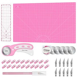 Rotary Cutter Set Pink- Quilting Kit incl. 45mm Fabric Cutter, 5 Replacement Blades, A1 Cutting Mat, Acrylic Quilting Ruler and Sewing Clips, Craft Knife Set, Ideal for Crafting, Sewing, Patchworking