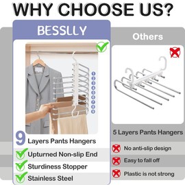 9 Layers Pants Hangers Space Saving, 2 Pack Pant Hangers Organizer Multifunctional Pants Rack Space Saver Closet Organizers and Storage Hangers for Pants Jeans Leggings Trousers Skirts, White