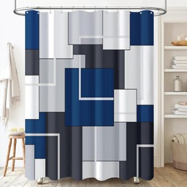 BTTN Navy Blue Fabric Shower Curtain - Geometric Shower Curtain Set with 12 Plastic Hooks, Water Repellent, Machine Washable, Modern Decorative Polyester Cloth Shower Curtains for Bathroom - 72x72