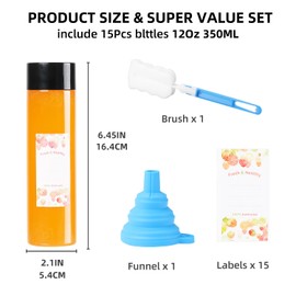 novelinks 15 Pcs 12oz Plastic Juice Empty Round Bottles with Caps, Bulk Reusable Clear Containers, Drink Beverage Containers with Black Tamper Proof Lids