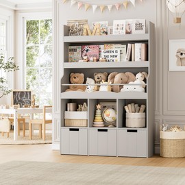 HITHOS 55.3" H Kids Bookshelf with Toy Storage Organizer, Tall Book Shelf with 3 Movable Toy Storage Bins, Large Kids Bookcase with Toy Chest, 39.2" W Modern Toy Box for Kids Room, Playroom, Gray