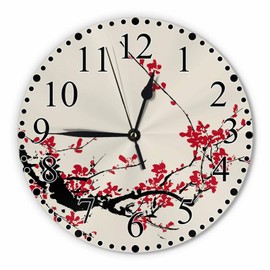 Red Cherry Blossom Wall Clock 10 Inch Battery Operated Artistic Plum Blossom Branch Ink Painting Clock Silent Non-Ticking Modern Clocks Decorative for Home Kitchen Living Room Bathroom Office