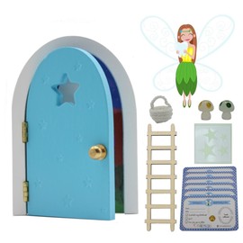 Qué Kawaii® TOOTH FAIRY DOOR THAT OPENS AND SHINES IN THE DARK Wooden door and stairs to paint and customize+crochet bag+stars+two mushrooms that glow in the dark+6 certificates (BLUE)